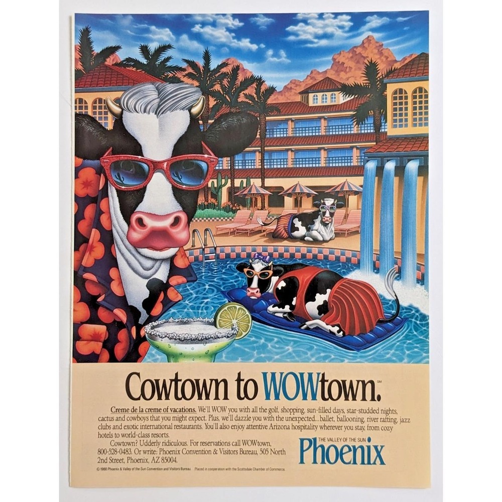 Vintage 1989 Print Ad Phoenix Arizona AZ WOWtown Tourism Cow Pool Retro Art